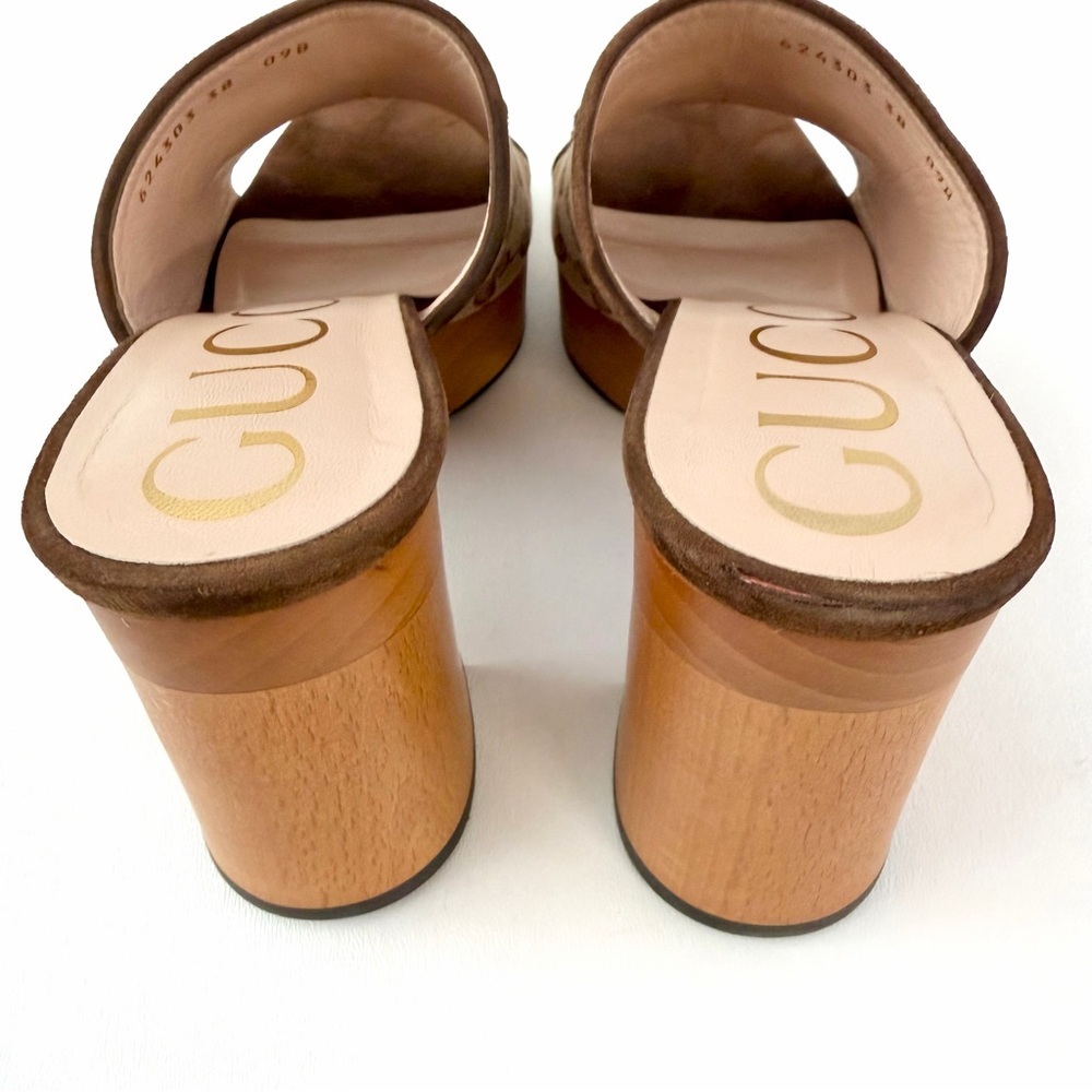 GUCCI || GG Canvas Horsebit Platform Mule Sandals EU 38 Brown Wood Heel - Picture 6 of 12